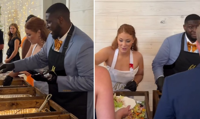 Os noivos servindo o jantar. (Foto: Reprodução/Instagram/Abigail Stasior)