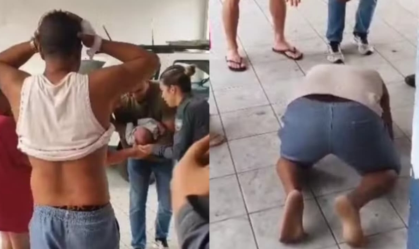 O pai do bebê orou de joelhos pedindo ajuda a Deus. (Foto: Reprodução/G1).