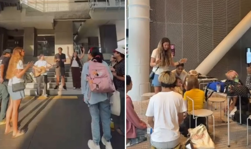 Os jovens evangelizando na universidade japonesa. (Foto: Reprodução/Instagram/Dunamis Pockets)