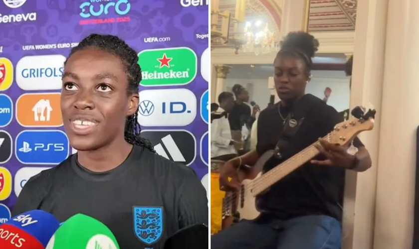 Michelle Agyemang após vitória na EURO 2025 e tocando baixo no ministério de louvor. (Captura de tela/YouTube/HaytersTV; Instagram/joseph.mo23)