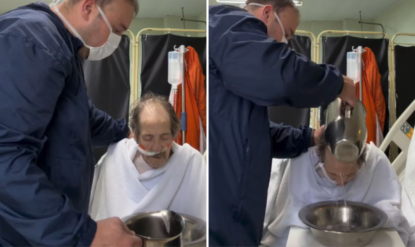 Pr. Marcelo Pereira batiza o Sr. Levi no leito de um hospital. (Captura de tela/Instagram/omarcelopereira)