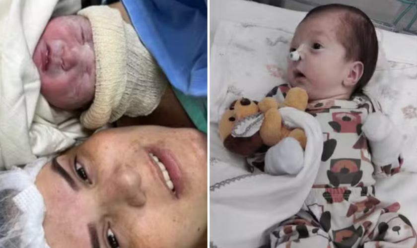 Letícia Cristina com seu filho Noah Gabriel no dia do nascimento e, à direita, o bebê durante a recuperação após deixar a UTI. (Fotos: Arquivo pessoal)