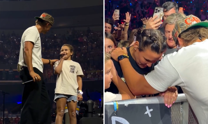 Forrest Frank ora por uma mulher com câncer de mama após o pedido da filha, Halley, durante show. (Captura de tela/Instagram/Forrest Frank)