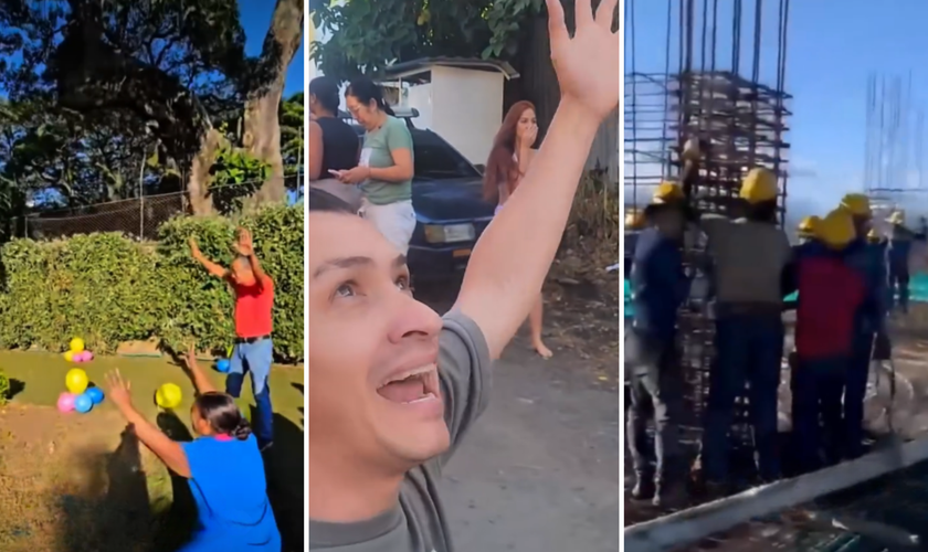 Momentos de oração durante o terremoto na Colômbia: pessoas de joelhos em uma escola infantil, homem pregando na rua e operários clamando no alto de uma construção. (Capturas de tela/diario360/graciasdiostv)