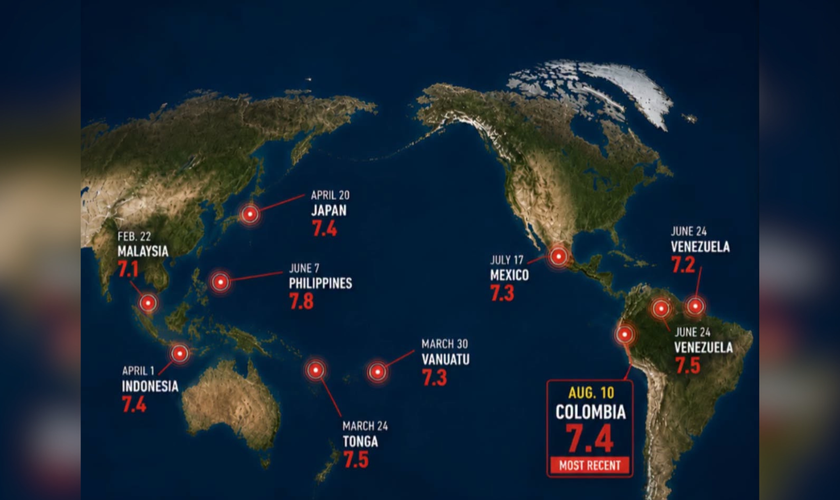 Mapa mostra os 10 grandes terremotos de magnitude 7 ou superior registrados em diferentes regiões do mundo em 2026. (Fonte: The World in Maps)