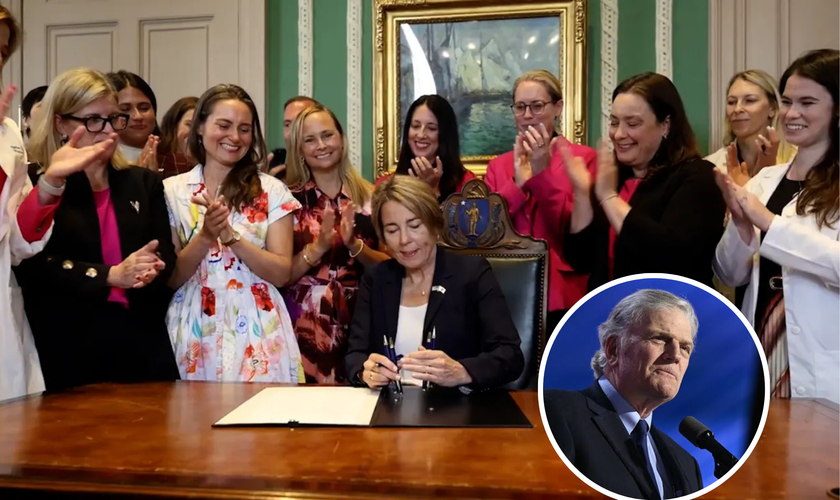 Governadora de Massachusetts, Maura Healey, durante a assinatura da lei do aborto; no destaque, o evangelista Franklin Graham. (Foto: @MassGovernor/X/Divulgação)