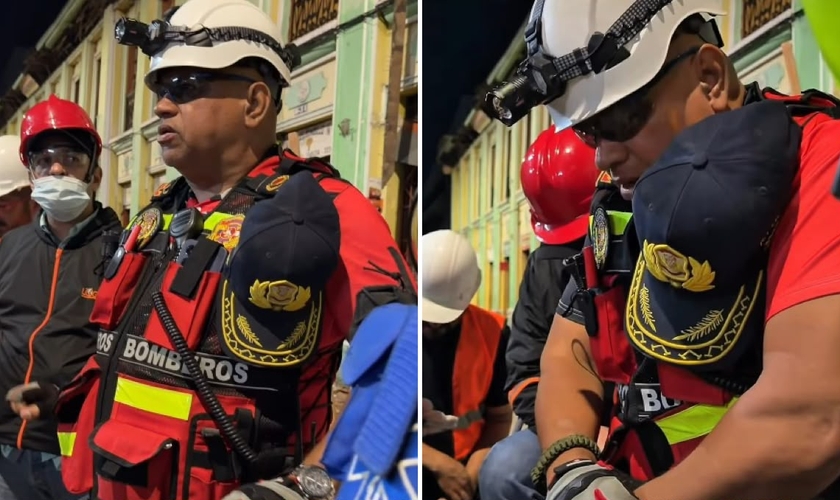 Os socorristas orando em meio aos destroços. (Foto: Reprodução/Instagram/Eduardo Menoni)