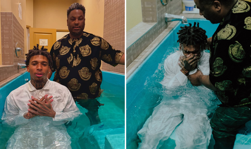 NLE Choppa durante seu batismo nas águas. (Fotos: Instagram/thegreatnle_)
