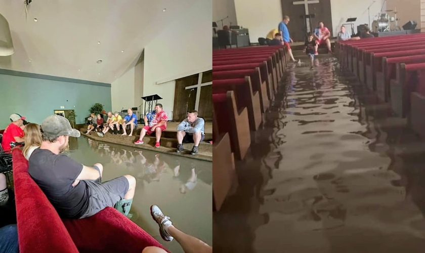 Os cristãos louvaram a Deus em meio ao alagamento. (Foto: Facebook/Harvest - Sharing Life).