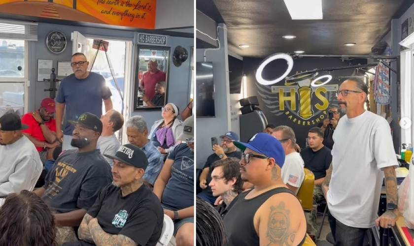 Homens louvando a Deus na barbearia. (Foto: Reprodução/Instagram/Mark Gonzalez)