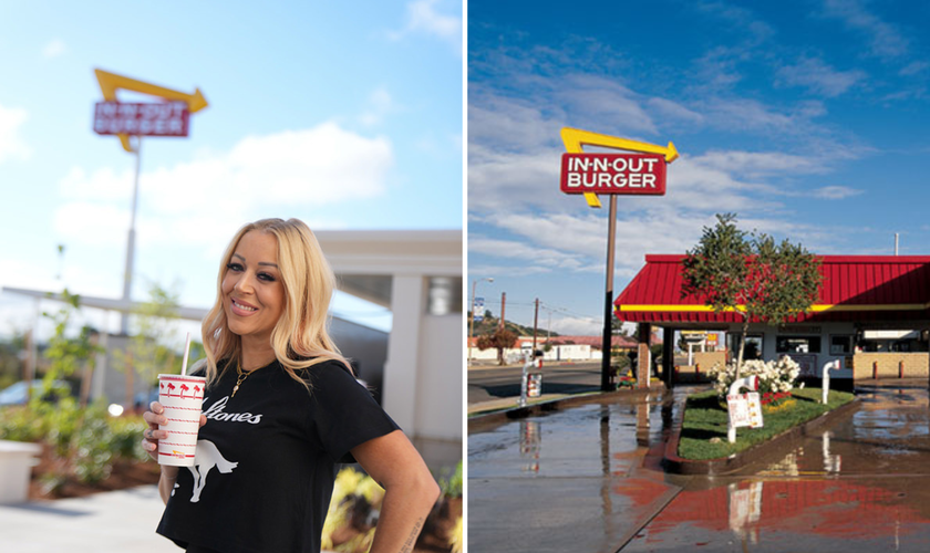 Lynsi Snyder, presidente e proprietária da In-N-Out Burger, e uma unidade da rede nos Estados Unidos. (Foto: Divulgação)