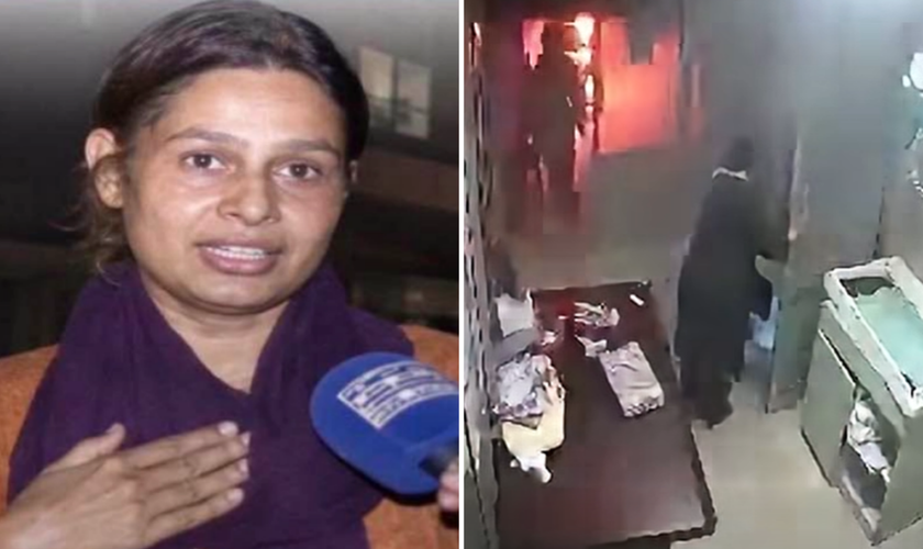 Enfermeira cristã Razia Noreen e imagens de segurança que registraram o incêndio no berçário do hospital. (Foto: Facebook/Shahid Ali Khan)