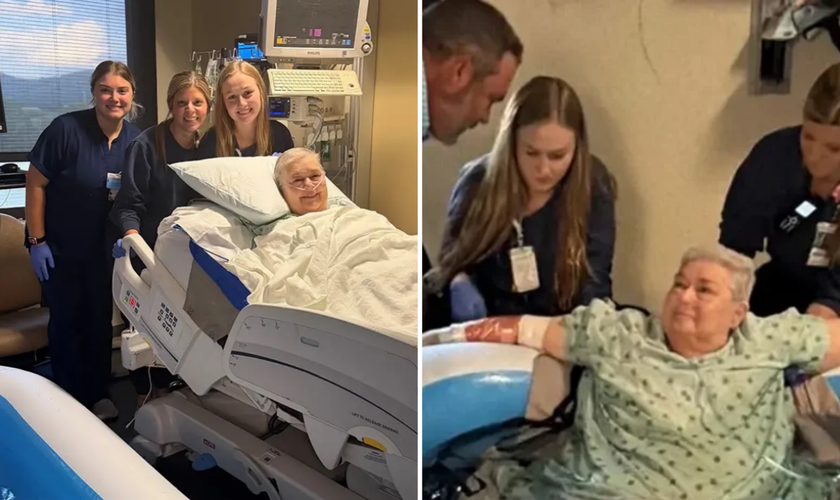 Jeannie Guffey ao lado das enfermeiras que se mobilizaram para realizar seu último desejo: ser batizada na UTI. (Foto: Huntsville Hospital)