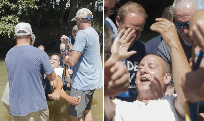 Homem com paralisia é batizado em um riacho, com a ajuda de membros da igreja. (Foto: Parkway Baptist Church)