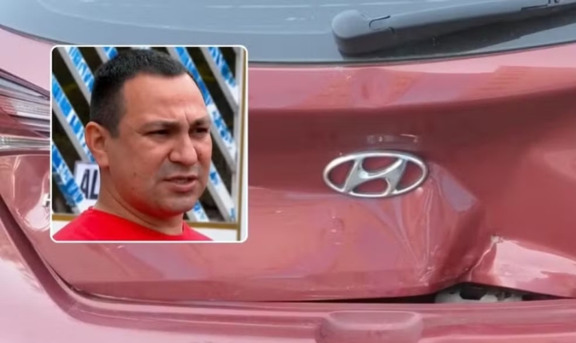 Marcos Almeida ficou sem ferimentos após ter carro atingido. (Foto: Reprodução/TV Tribuna).