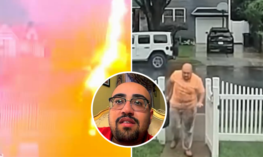 Após ser atingido por um raio, Thomas Fahmy se levanta com as roupas chamuscadas e é acolhido por vizinhos, que prestaram ajuda. (Captura de tela/NBC News)