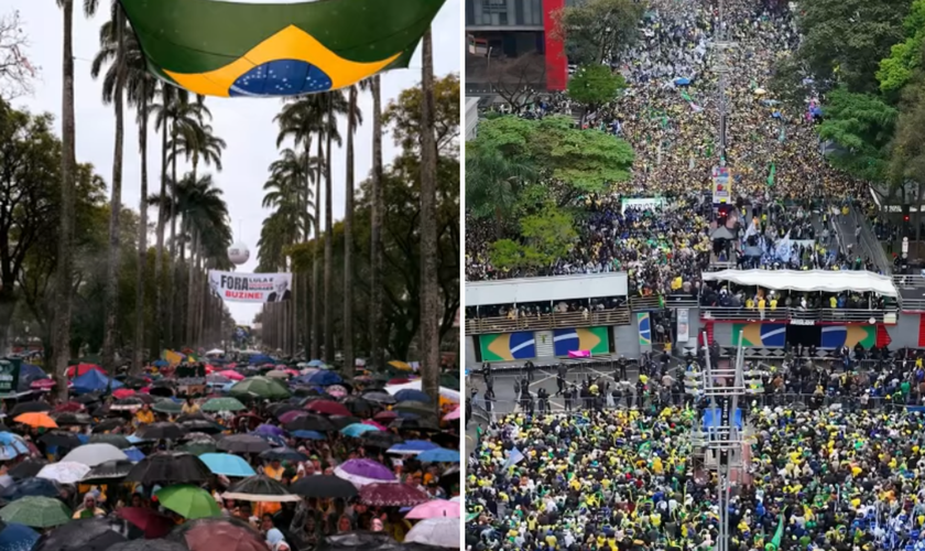 Manifestações do 7 de Setembro na Praça da Liberdade, em Belo Horizonte (à esquerda), e na Avenida Paulista, em São Paulo (à direita). (Capturas de tela: Instagram/Nikolas Ferreira/Silas Malafaia)