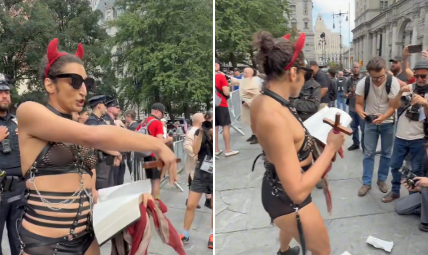 Ativista trans segura um crucifixo e rasga páginas da Bíblia em Nova York. (Captura de tela/X/TPUSA)