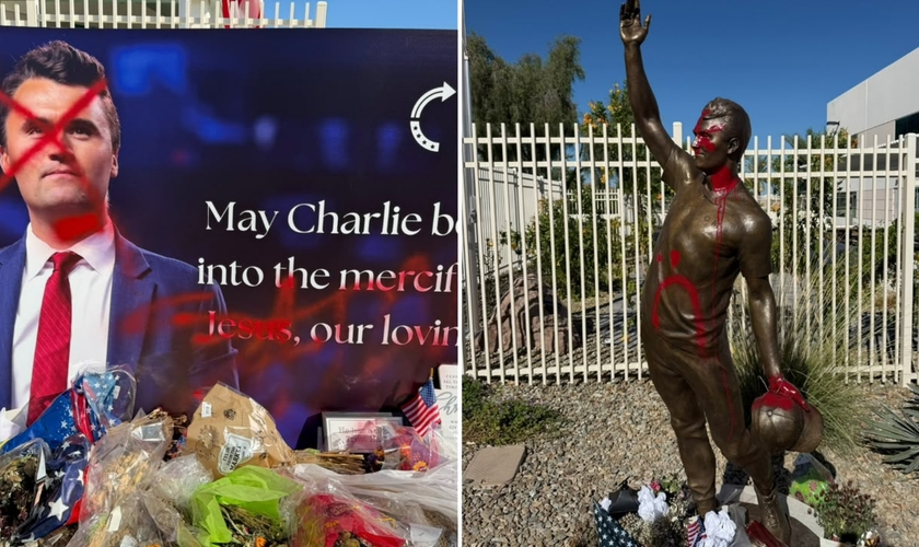 A placa e a estátua de Charlie Kirk vandalizadas nos EUA. (Foto: Reprodução/X/Turning Point USA)