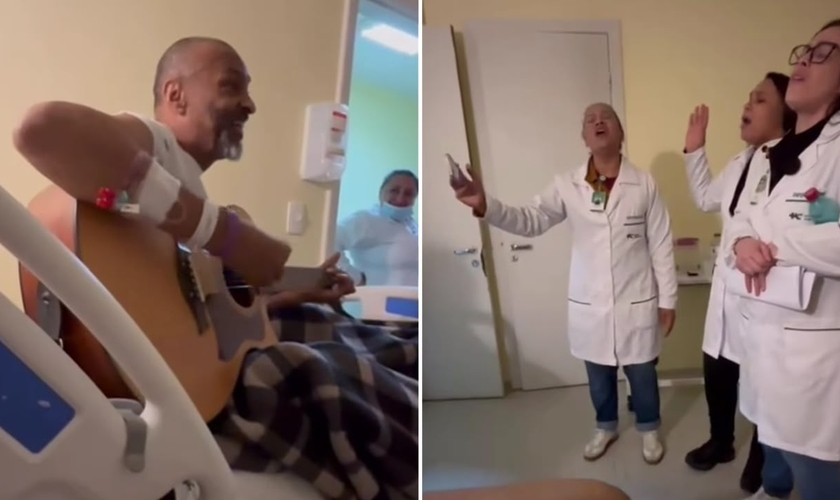 Cláudio Moisés louvando no hospital. (Foto: Reprodução/Instagram/Jéssica Lima)