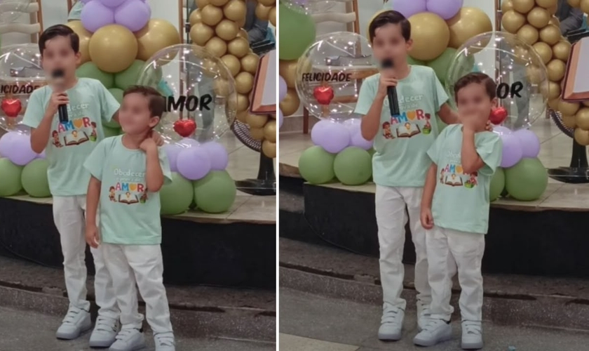 Henry contando o testemunho ao lado de Liam na igreja. (Foto: Reprodução/Instagram/Daiane Silva)