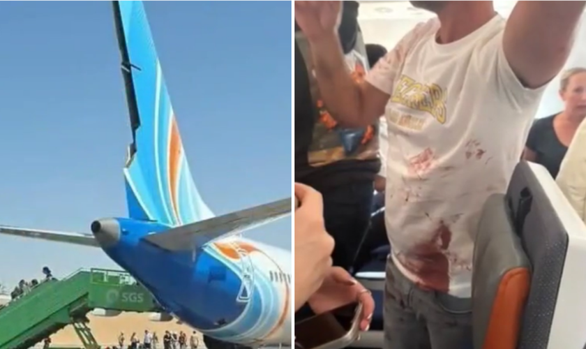 Voo da flydubai após pouso de emergência; à direita, passageiro que ajudou a conter o suposto agressor, com sangue do capitão nas roupas. (Captura de tela/Times of Israel)