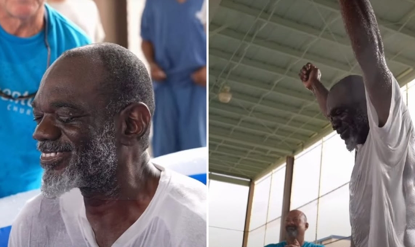O homem impactou a todos com sua alegria após o batismo. (Foto: Reprodução/Instagram/God Behind Bars)