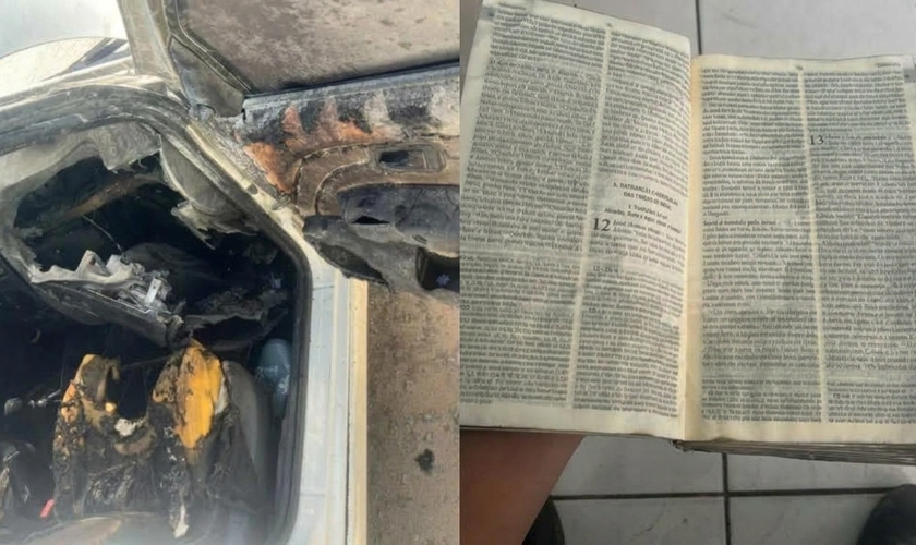 O carro deu perda total, apenas a Bíblia sobreviveu às chamas. (Foto: Reprodução/Arquivo pessoal).