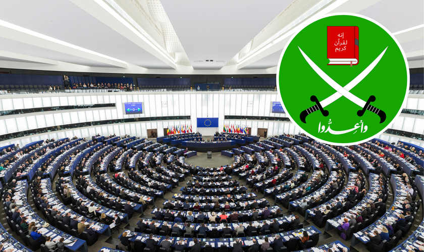 Plenário do Parlamento Europeu e emblema da Irmandade Muçulmana. (Montagem: Wikimedia Commons)