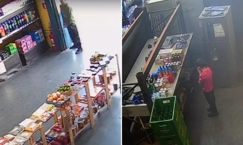 Imagens de câmeras de segurança mostram um dos criminosos na entrada da adega e o menino orando durante o assalto. (Captura de tela/R7)