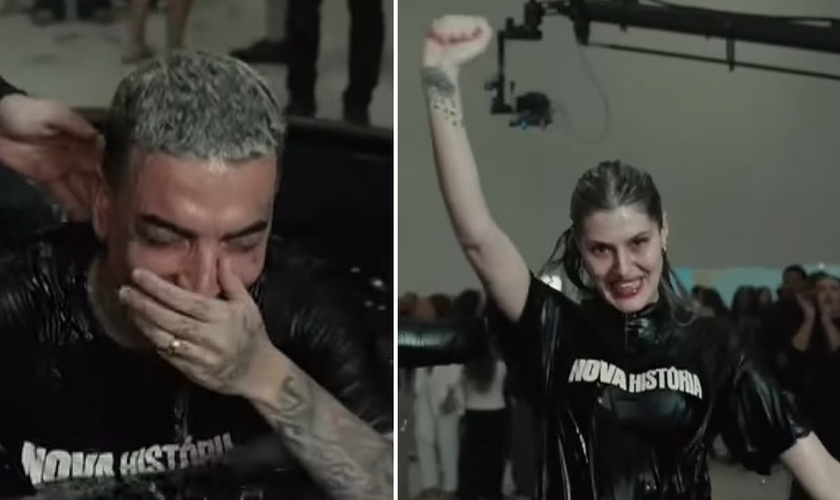 Guimê e a esposa durante o batismo. (Foto: Reprodução/YouTube/Celeiro São Paulo)