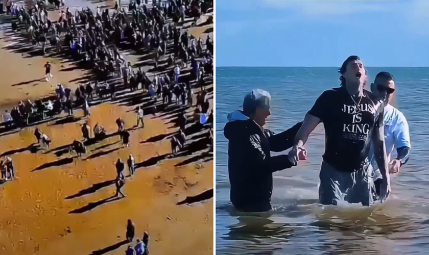 Batismo coletivo reúne cerca de 550 pessoas em praia da Inglaterra. (Captura de tela/Instagram/Merlin Kraft)
