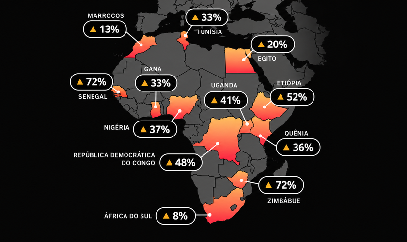 Mapa do continente africano mostra o crescimento do uso diário da Bíblia digital em diferentes países em 2026. (Imagem: YouVersion)