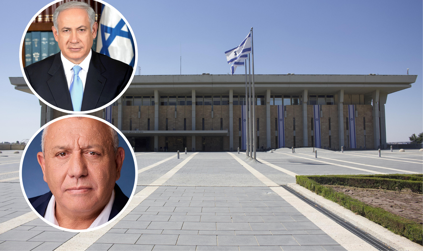 Sede do Knesset, o Parlamento de Israel, em Jerusalém, composto por 120 parlamentares; no destaque, Benjamin Netanyahu e Gadi Eisenkot. (Fotos: Avi Ohayon/Government Press Office of Israel/Wikimedia Commons; Yahav Trudler/Wikimedia Commons/Wikipedia)