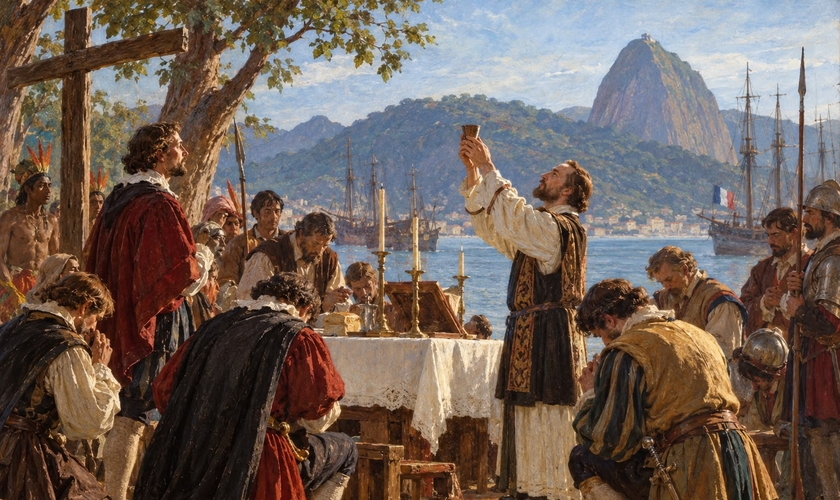 Primeiro culto protestante no Brasil. (Foto: Imagem ilustrativa gerada por IA).