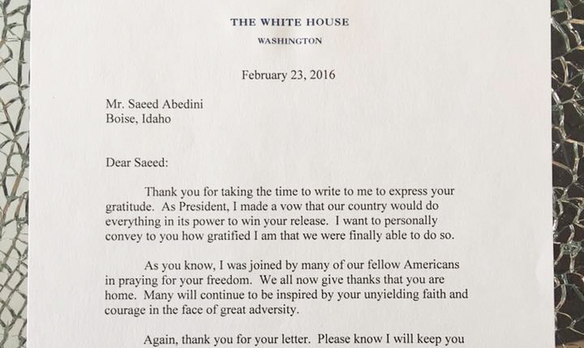 A mensagem de Obama veio em resposta à carta de agradecimento enviada anteriormente pelo pastor. (Foto: Facebook/Saeed Abedini)