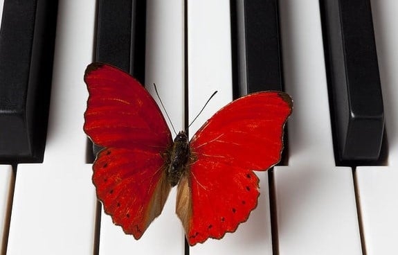 Um piano vermelho, uma pequena bailarina e uma linda borboleta