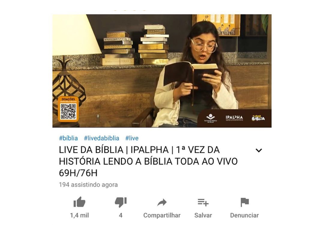 Igreja faz live de 77 horas com leitura completa da Bíblia