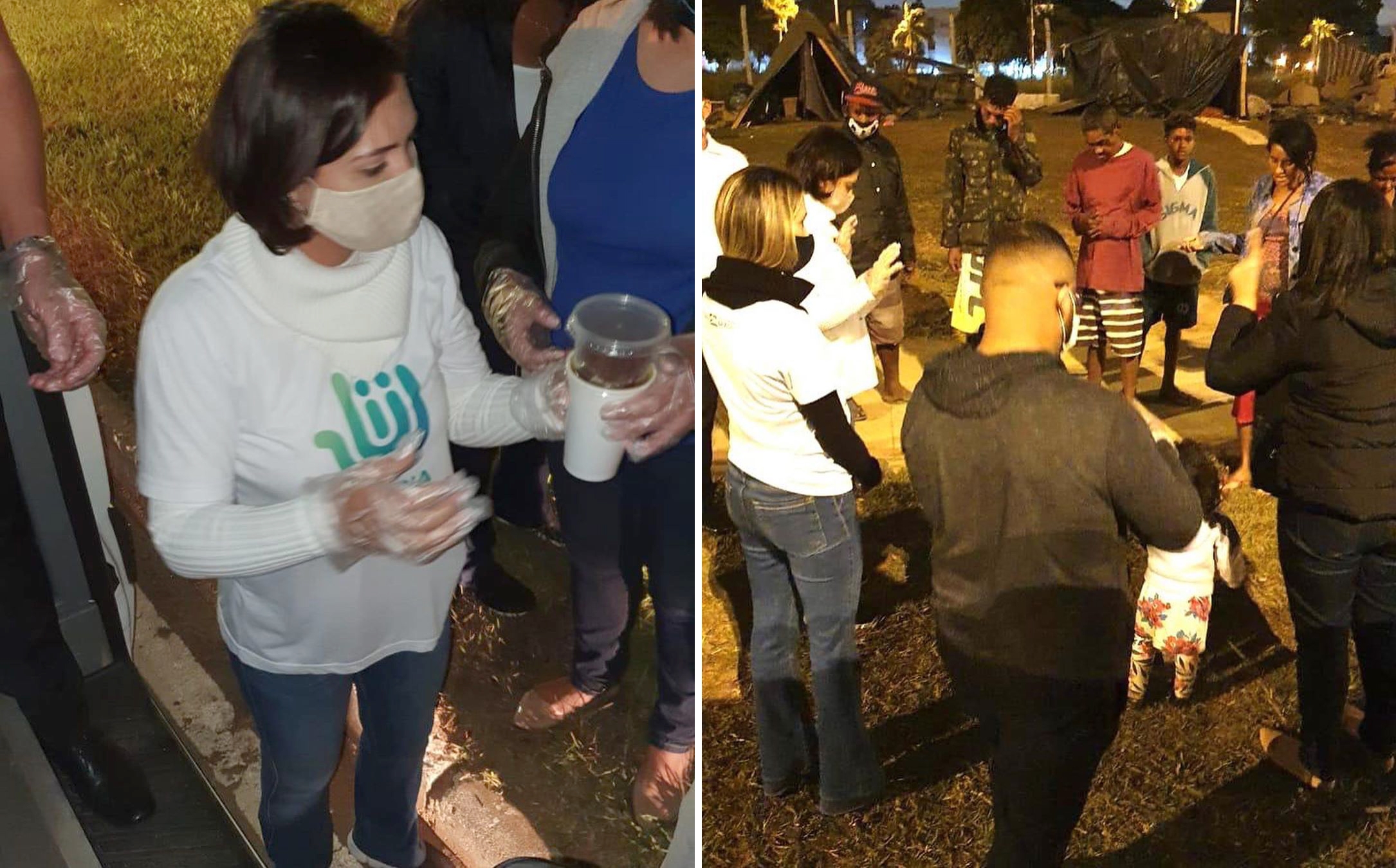 Michelle Bolsonaro ora com moradores de rua e distribui refeições