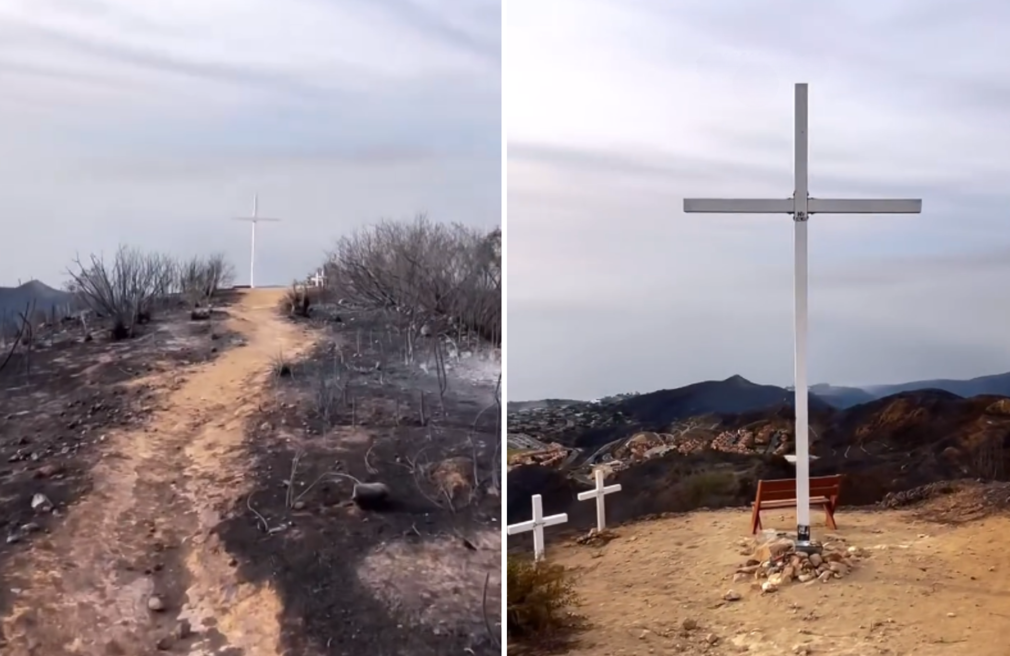 Cruz fica intacta após incêndios florestais queimarem tudo ao redor, em Malibu