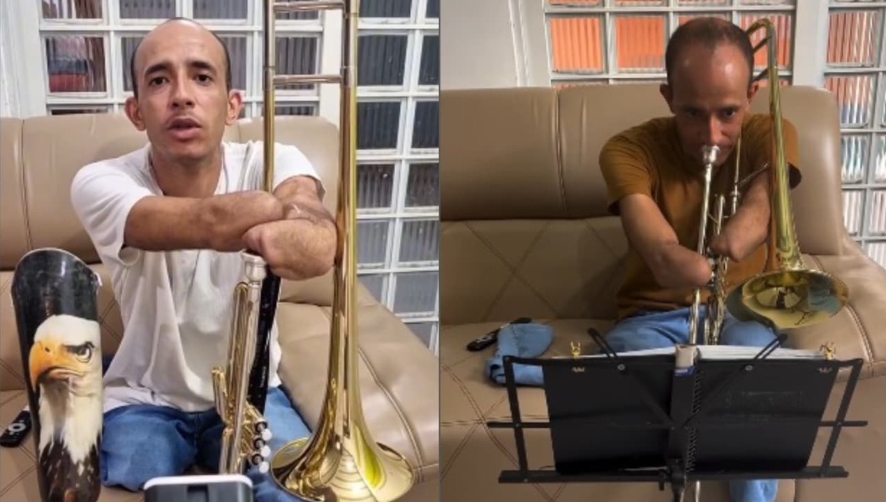 Cristão sem mãos supera deficiência e aprende a tocar trombone: ‘Queria servir a Deus’