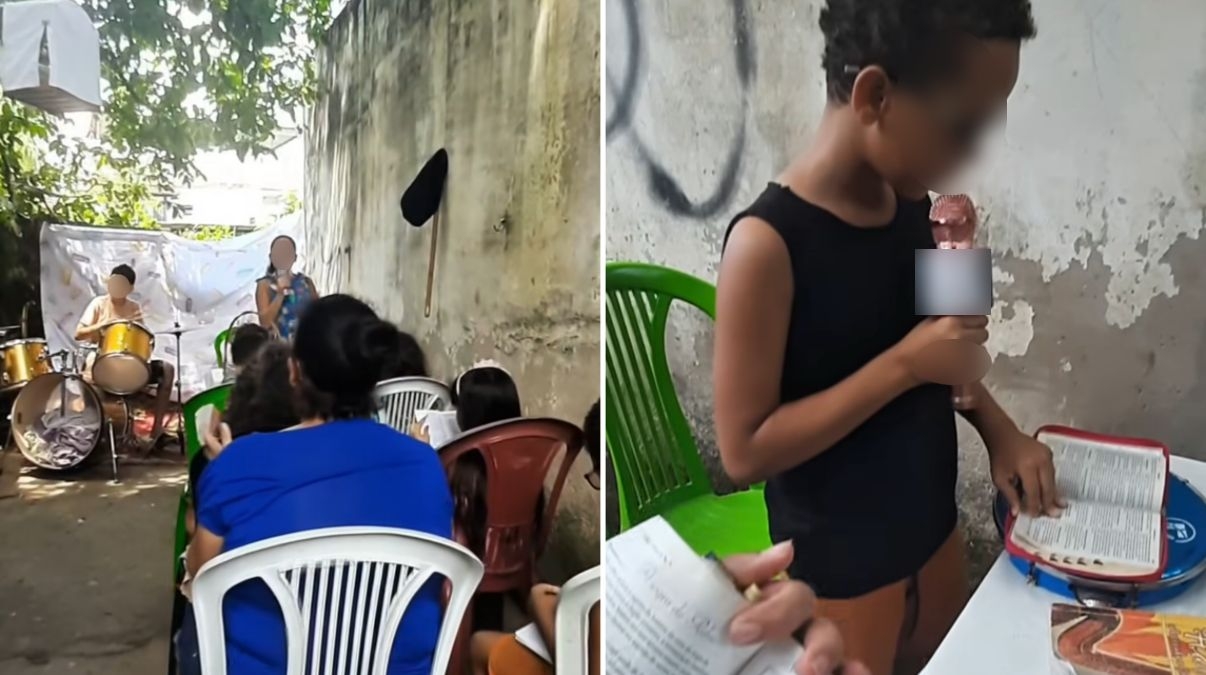 Crianças inspiram ao louvar e pregar em culto improvisado no quintal