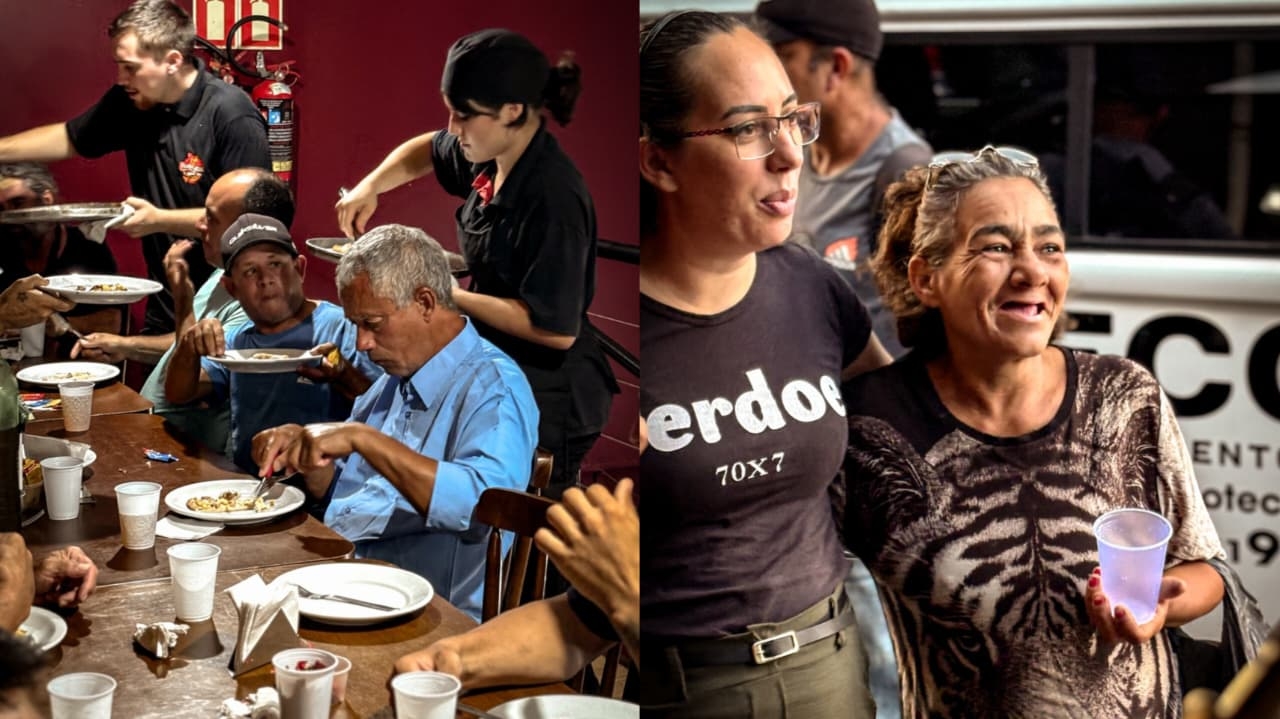 Missão leva mais de 130 sem-teto para pizzaria: “Na mesa de Deus todos têm lugar”