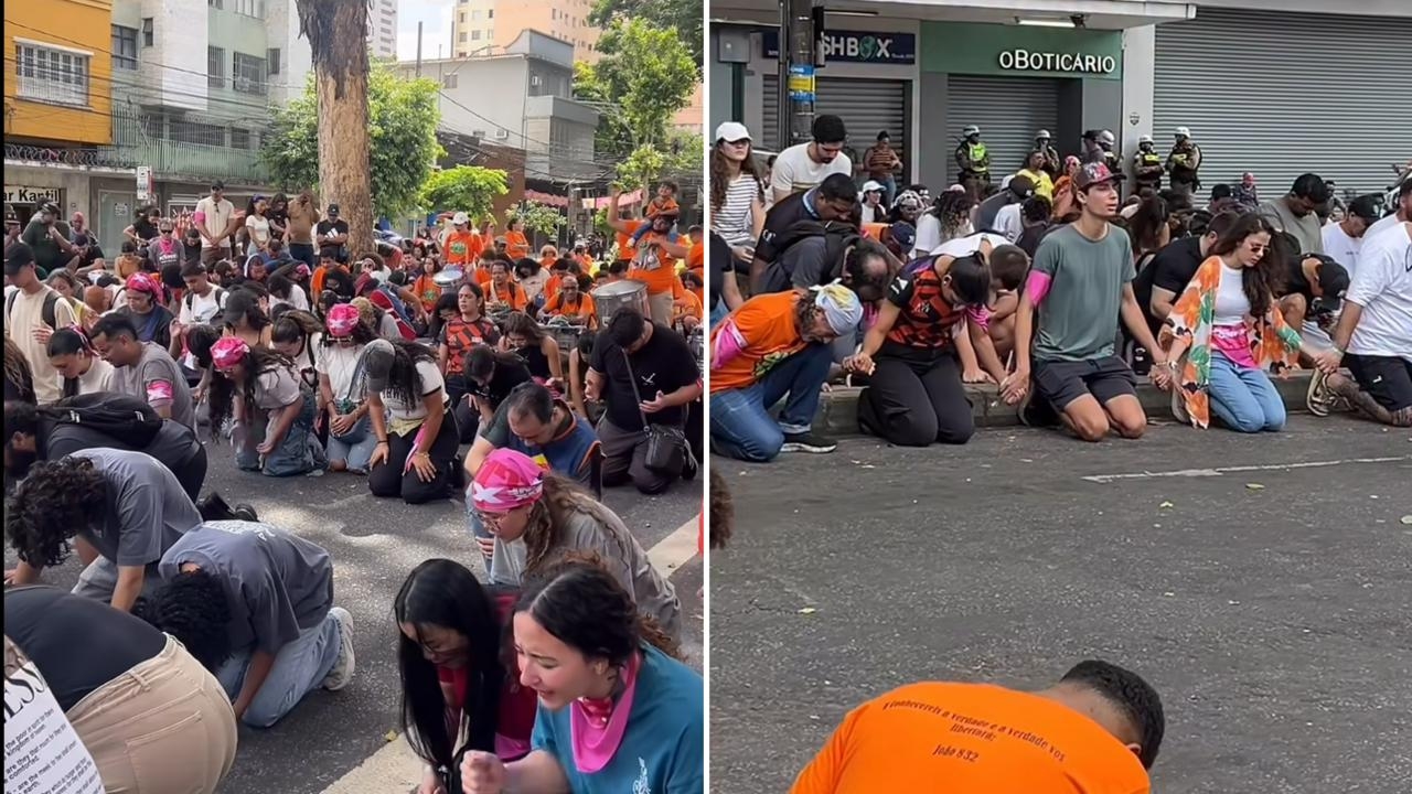 Centenas de jovens oram de joelhos em meio ao Carnaval de BH”