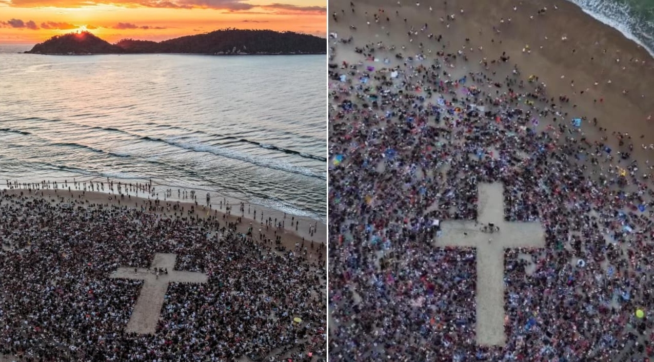 Milhares se reúnem ao redor de cruz para adorar em praia de SC: “Encontro com Deus”