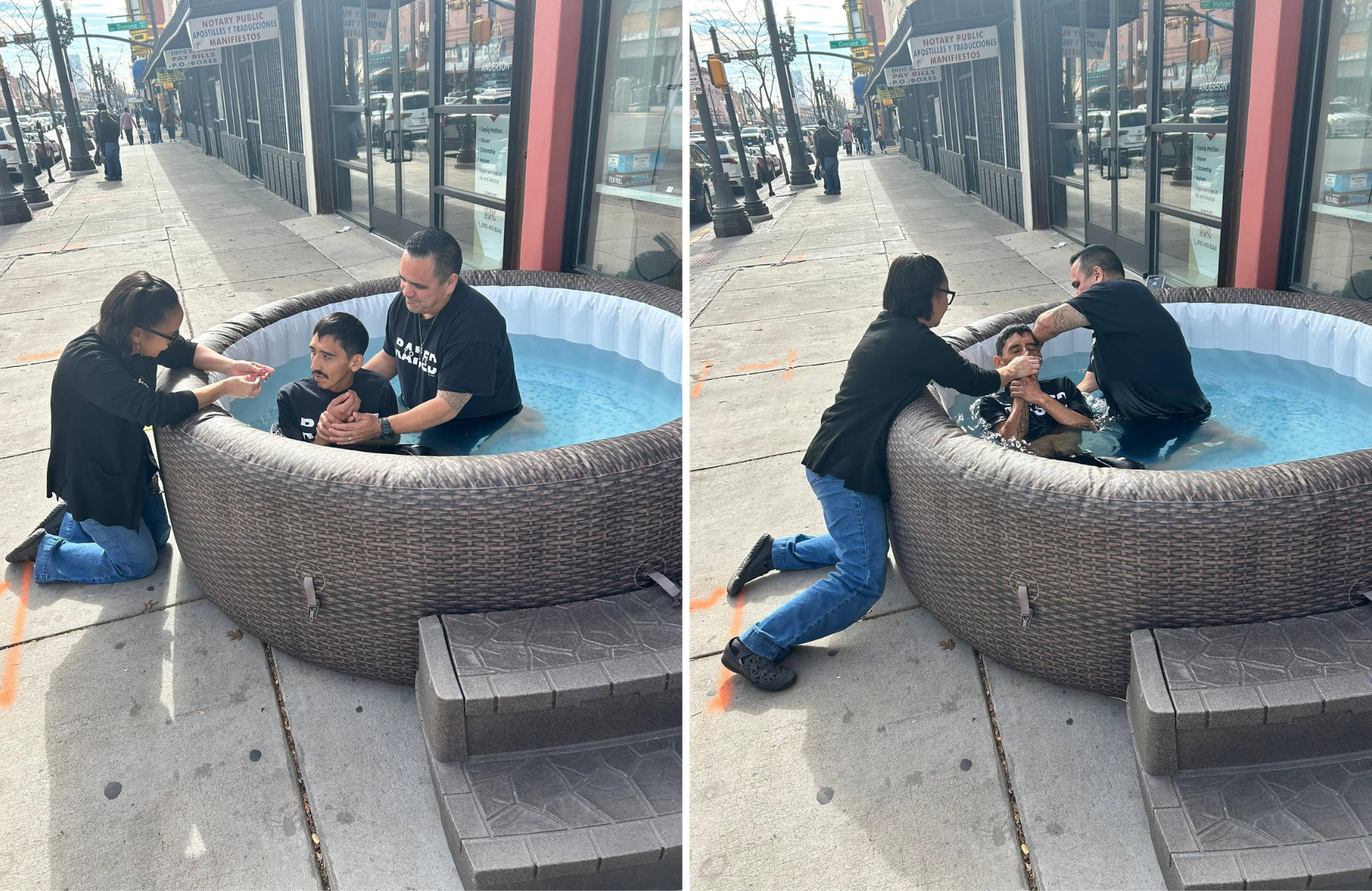Ao passar por igreja com piscina na calçada, homem aceita Jesus e pede para ser batizado